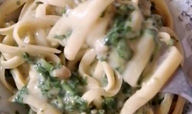 مكرونة بالصلصة البيضاء والسبانخ المشوحة.. وجبة كريمية صحية بطعم يعشقه الأطفال